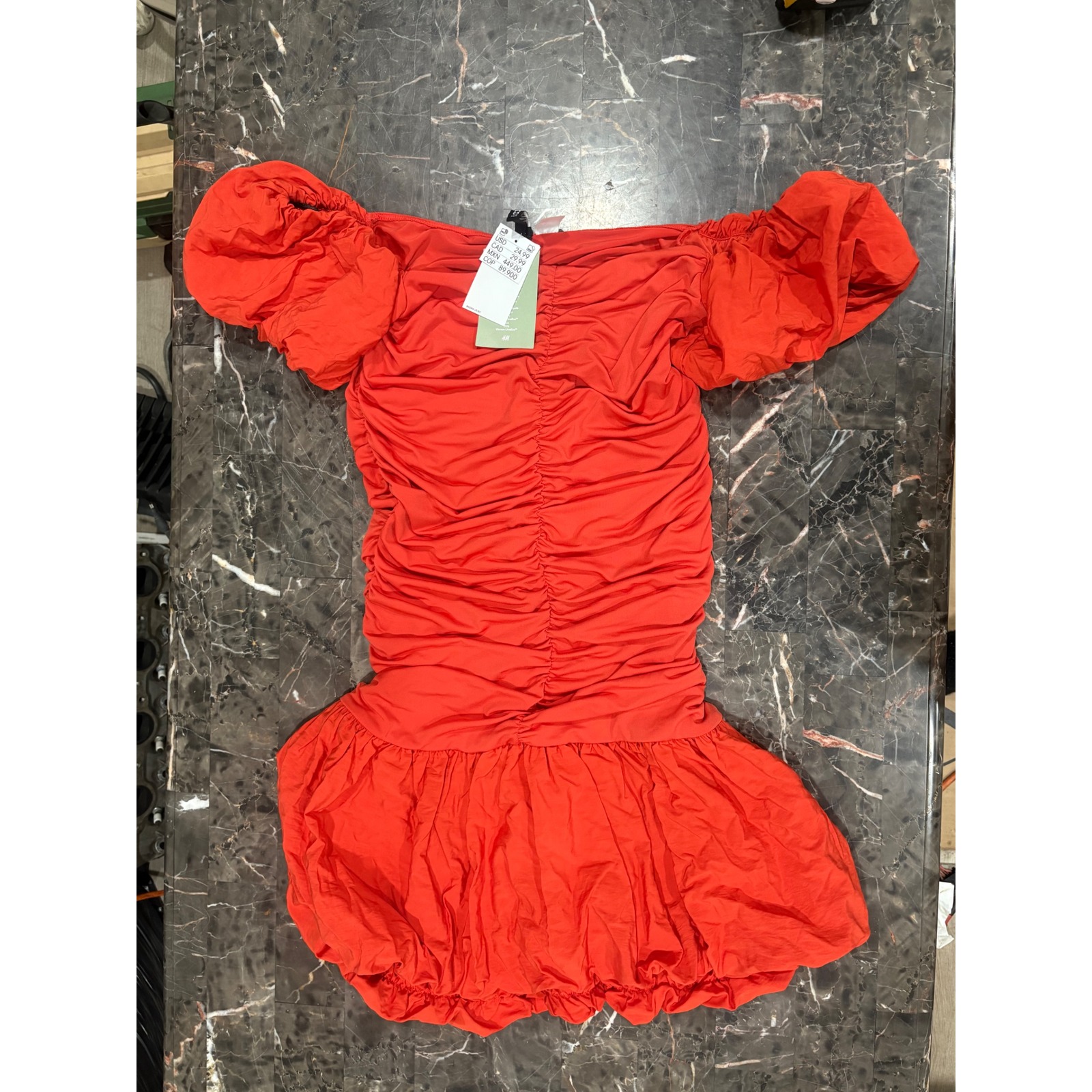 H&M Divided Red Ruched Off-The-Shoulder Puff Sleeve Mini Dress Nwt Size M